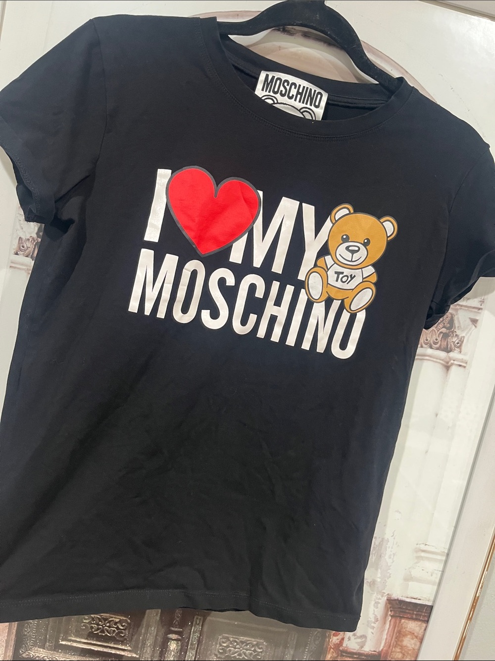 Moschino Kids Black Tee with Red Heart & Brown Bear